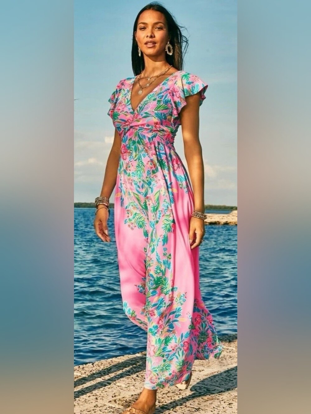 LILLY PULITZER HAVANA PINK CASA JAGUAR VERONA FLUTTER SLEEVE MAXI DRESS 10